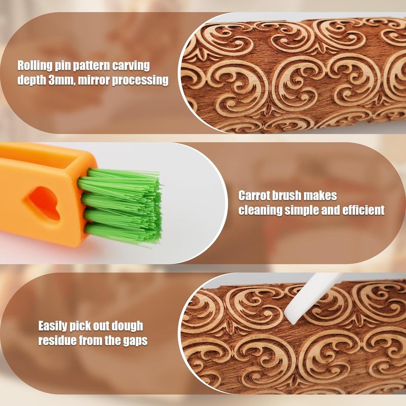 XINBADA 17" Premium Wooden Rolling Pins for Baking with European Embossed Designs | 3mm Deep Springerle Cookie Molds | Christmas Rolling Pin & Baking Gifts for Women | Includes 3-in-1 Cleaning Brush - Image 4